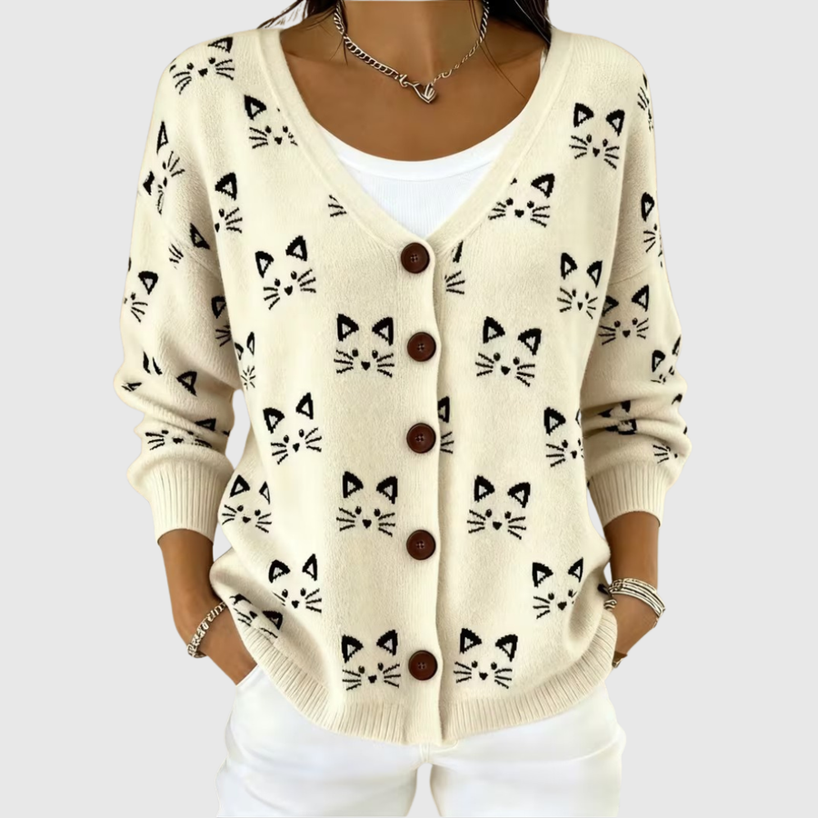 Victoria™ | Cat Print Button Cardigan