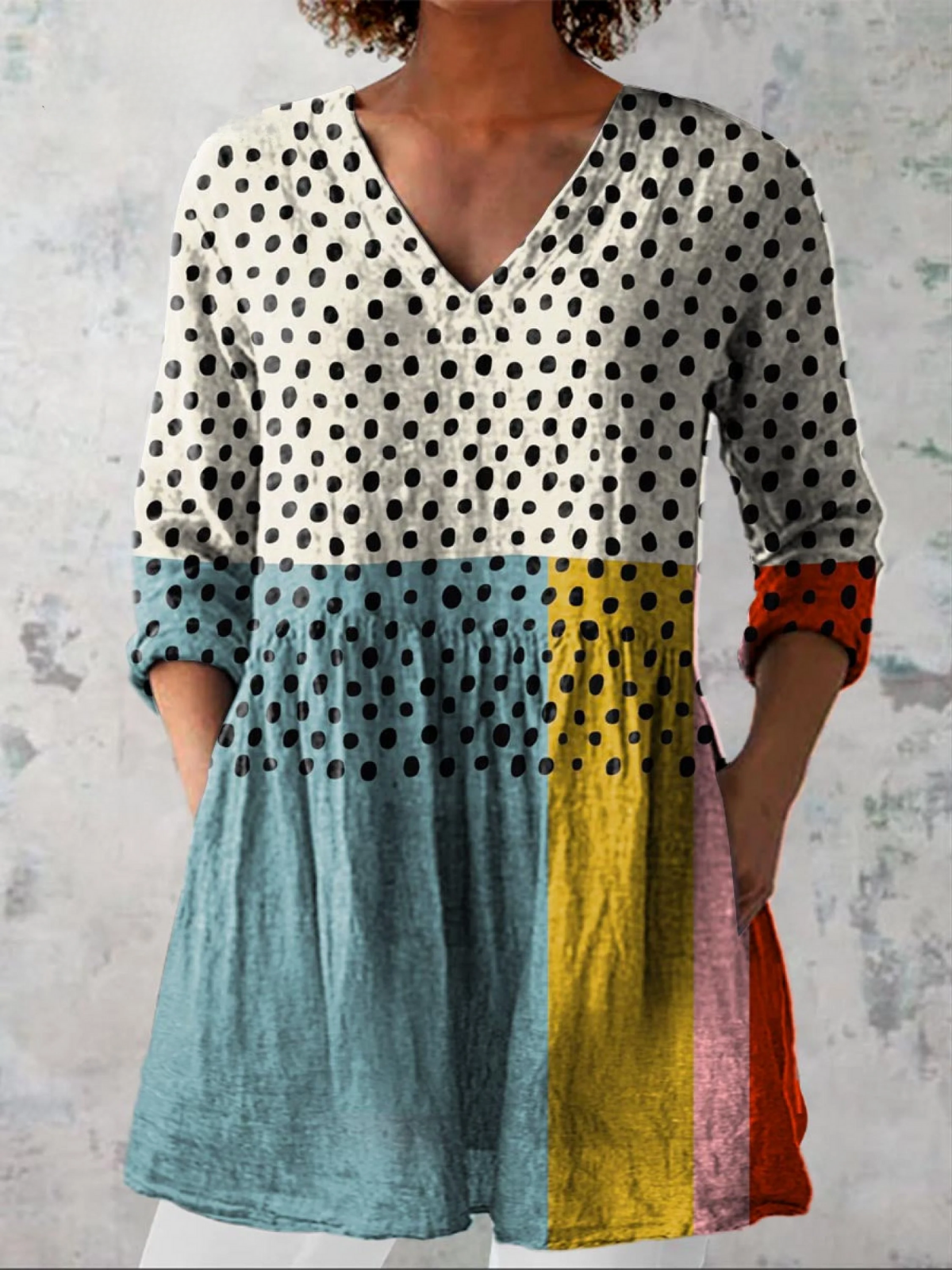 Phoebe™ | Polka Dot Colour-Block Tunic Blouse