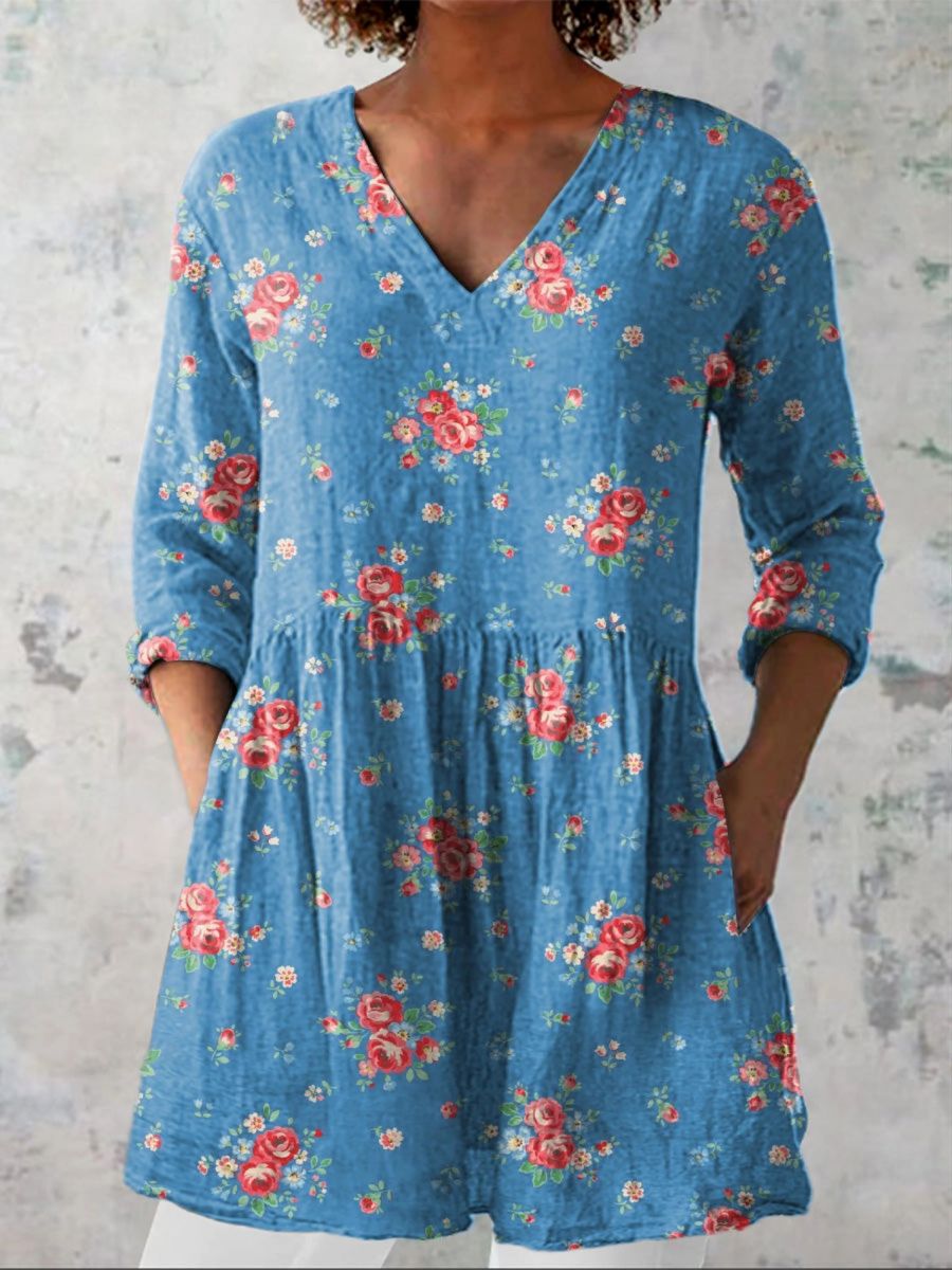 Louisa™ | Sky Blue Rose Tunic Blouse