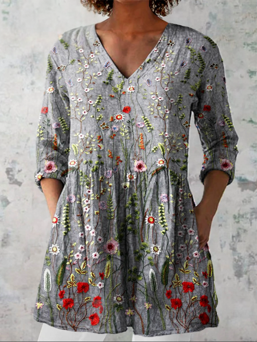 Moira™ | Grey Wildflower Tunic Blouse