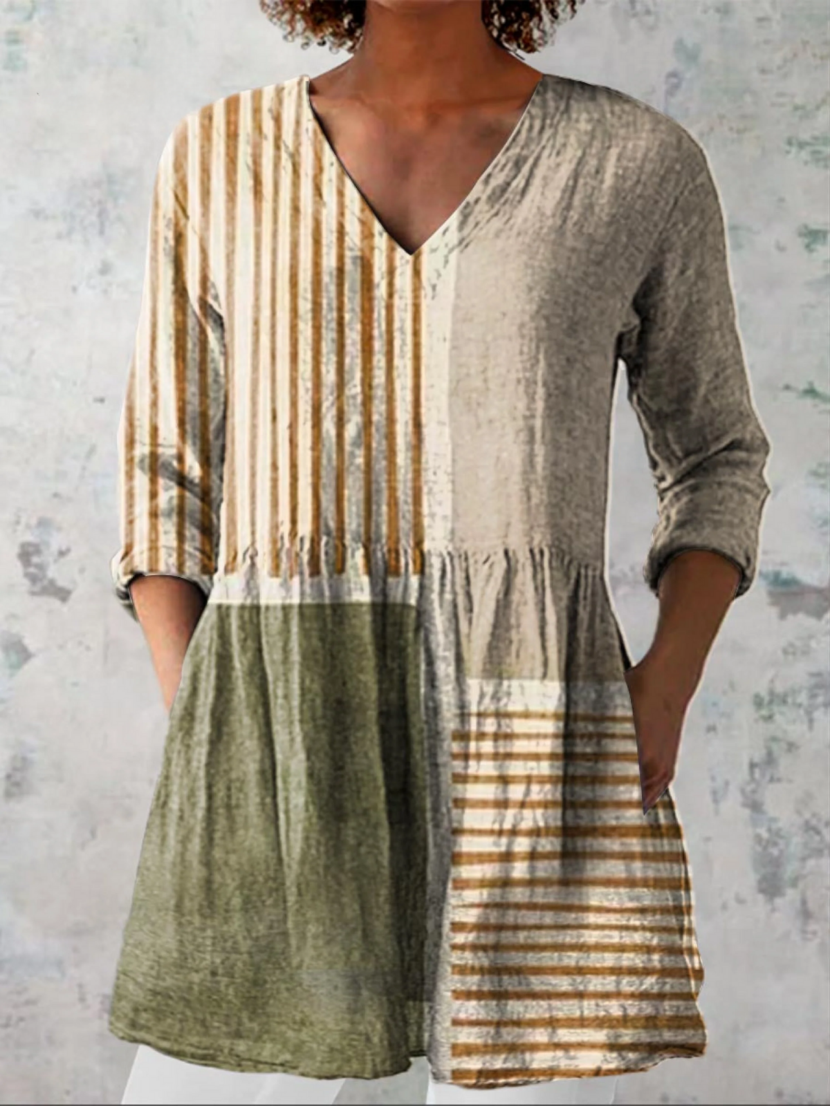 Natasha™ | Neutral Patchwork Stripe Tunic Blouse