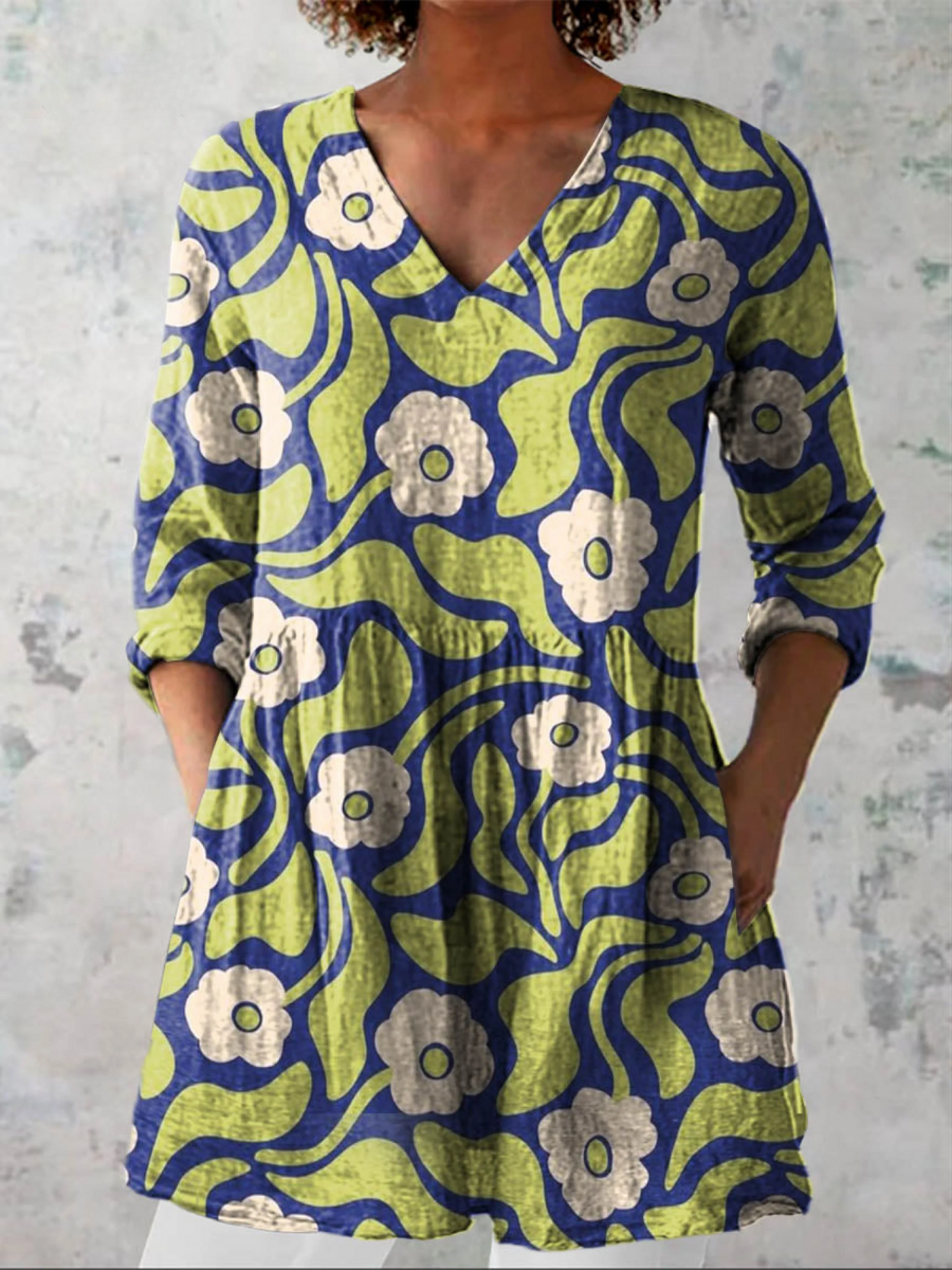 Renae™ | Retro Flower Wave Tunic Blouse