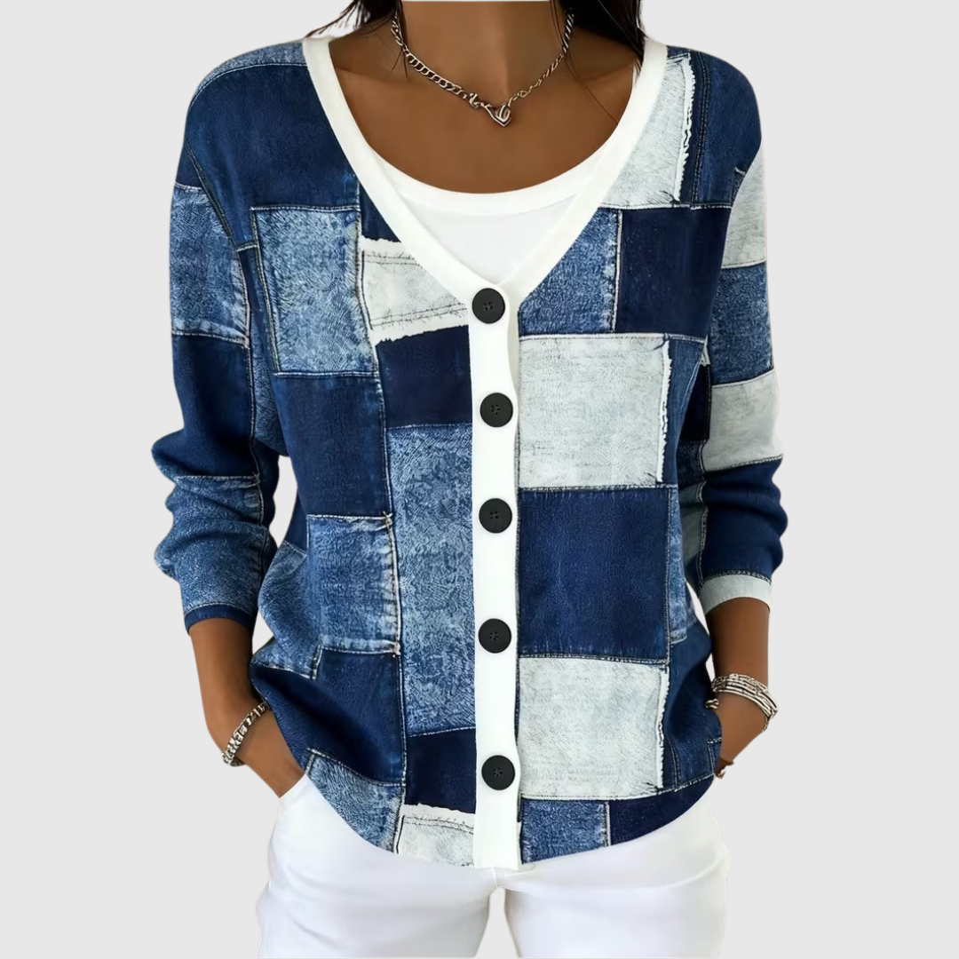 Valerie™ | Blue Patchwork Button Cardigan