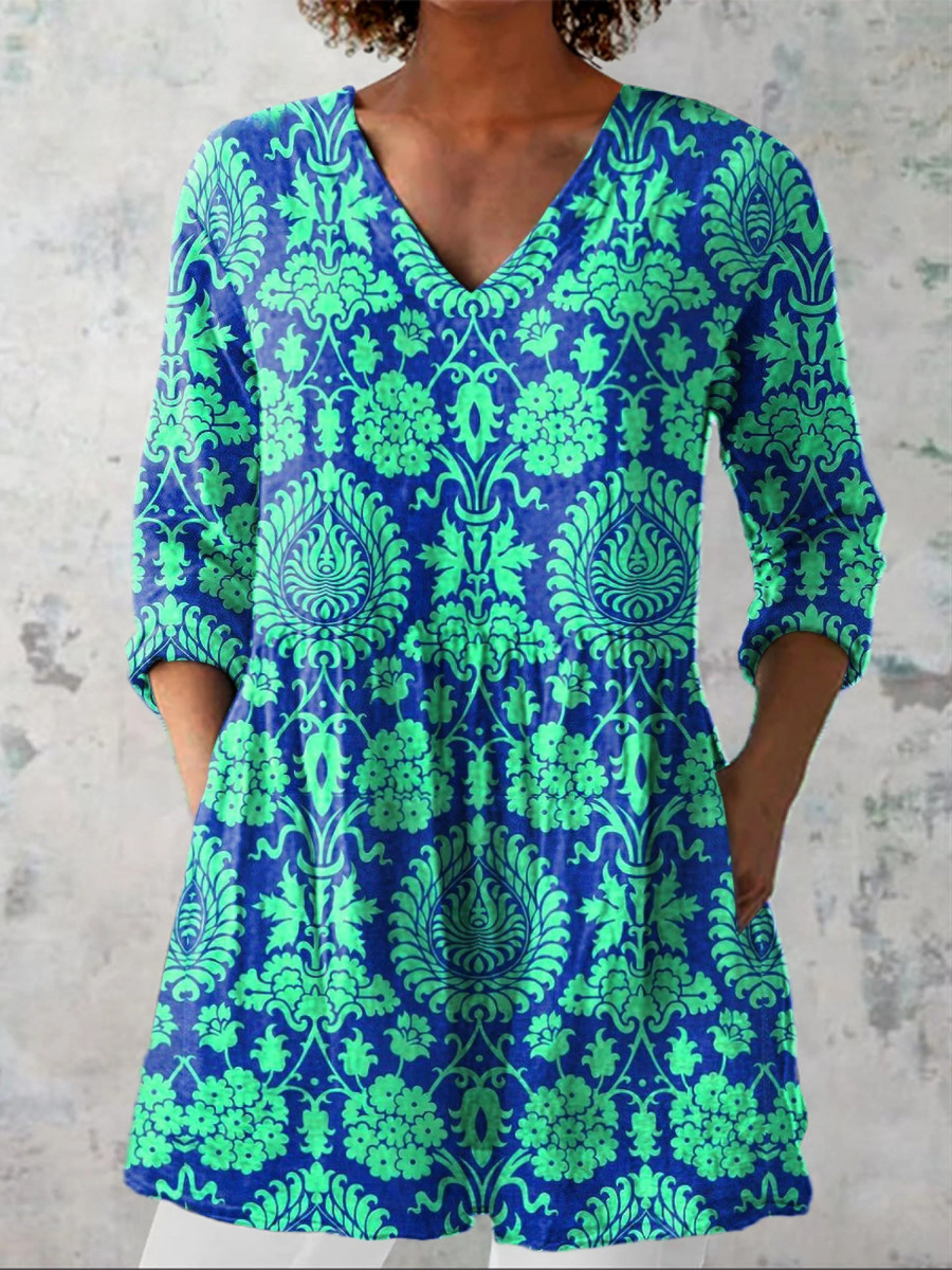 Aileen™ | Teal Damask Tunic Blouse